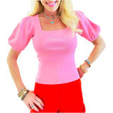 Pink Stretchy Knit Puff Sleeve Livvie Top