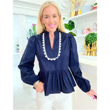 Navy Scallop Trim Cotton Hunter Top