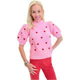 Pink Red Embroidered Hearts Puff Sleeve Cupid Sweater