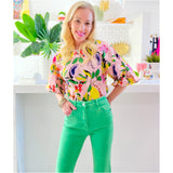 Pink Bubble Sleeve Fruity Top w/Keyhole Back