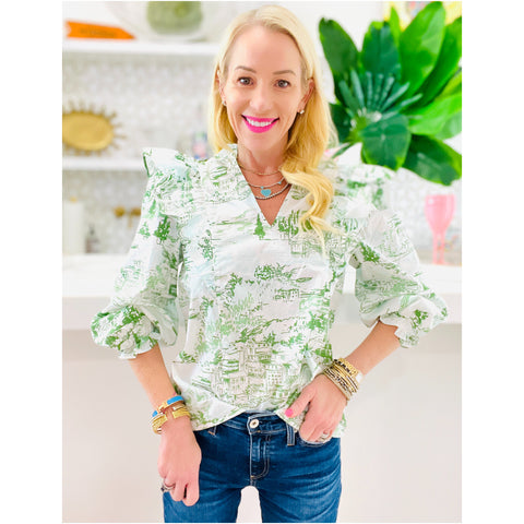 Cotton Ruffle Toile Gray Top