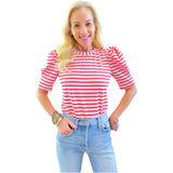 Pink & Red Pinched Puff Sleeve Dahlia Top