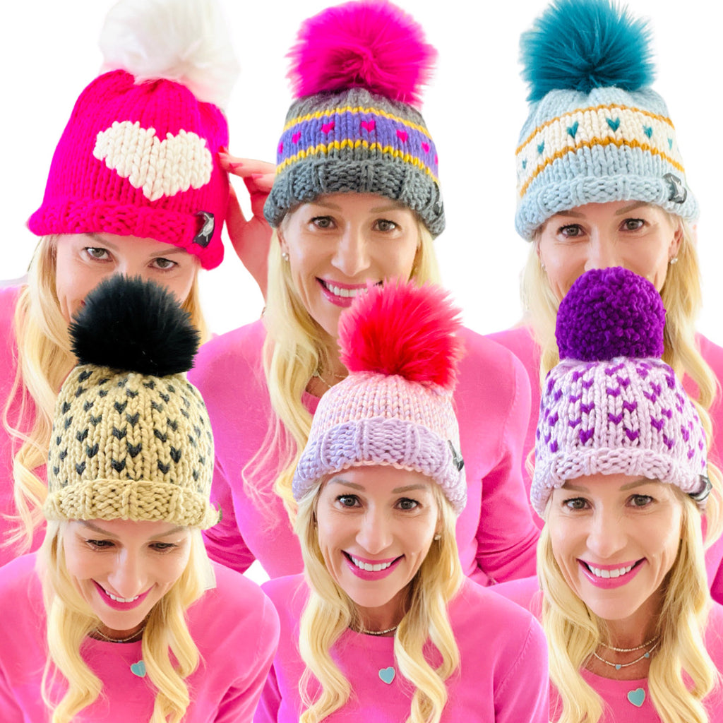 9 Styles) Hand Knitted Lambs Wool Pom Pom & Heart Beanie Hats - James Ascher