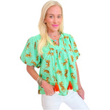 Aqua Cotton Puff Sleeve Prowl Top w/ Tassel