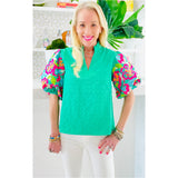 Embroidered Ruffle Neck Opal Top