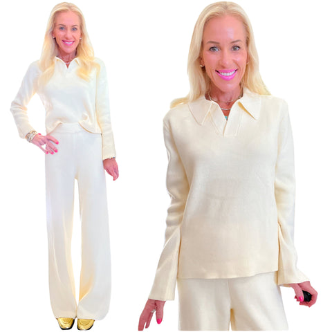 Ivory Cozy Knit Blanca Collared Sweater & Pants (sold separately)