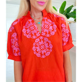 Orange & Pink Embroidered Ruffle Neck Pearl Top