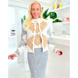 Embroidered Argyle Knit Tank & Gold Button Cardigan Jacket