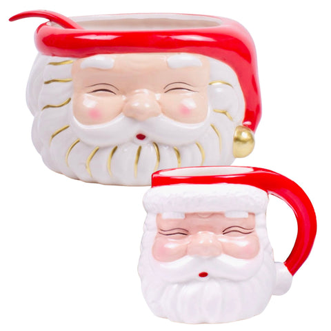 Ceramic Red & Gold Santa Serving Bowl (or Planter) & Coffee Mug