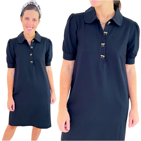 Black w/ Gold BOW Buttons Knit Eleanor Dress