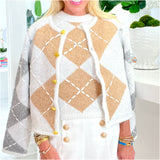 Embroidered Argyle Knit Tank & Gold Button Cardigan Jacket