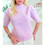 Lilac Scalloped Mia Sweater w/ Rhinestone & Pearls