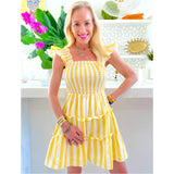 Flutter Sleeve Cabana Stripe Smocked Nantucket Dress w/Tiered Ruffle Hem