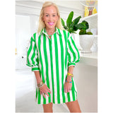 Green Cabana Stripe Pleated Back Cotton Moritz Dress