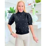 Black Scalloped Mia Sweater w/ Rhinestone & Pearls