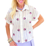 Lavender Squiggle Stripe Embroidered Seashell Linen Kips Bay Top