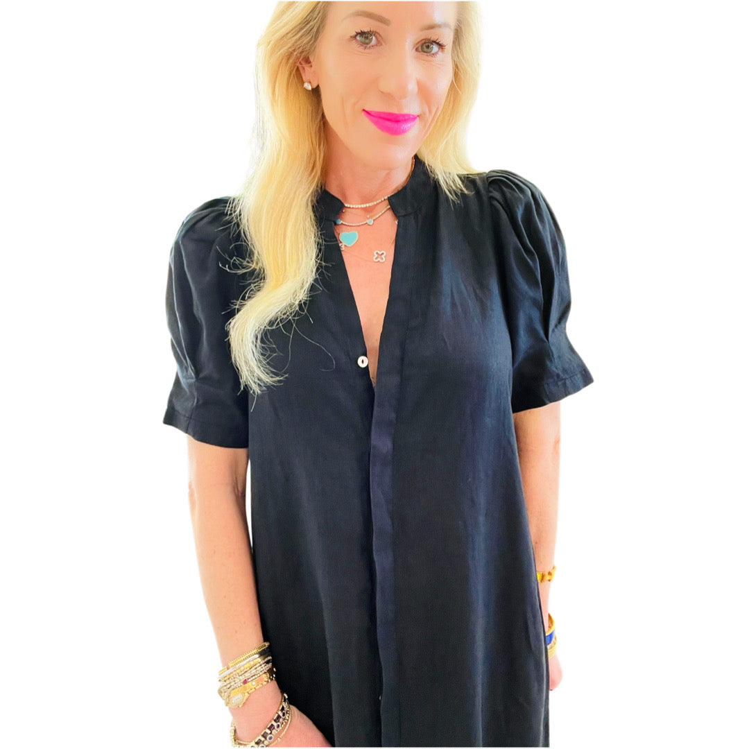 chinese dress ladies Bestseller!) Black Puff Sleeve Linen Athina Dress