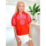 Orange & Pink Embroidered Ruffle Neck Pearl Top