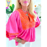 Pink & Orange Embroidered 3/4 Balloon Sleeve Cotton Fresca Top