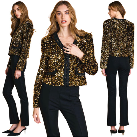 Black & Gold Rope Trimmed Sequin Monte Carlo Jacket