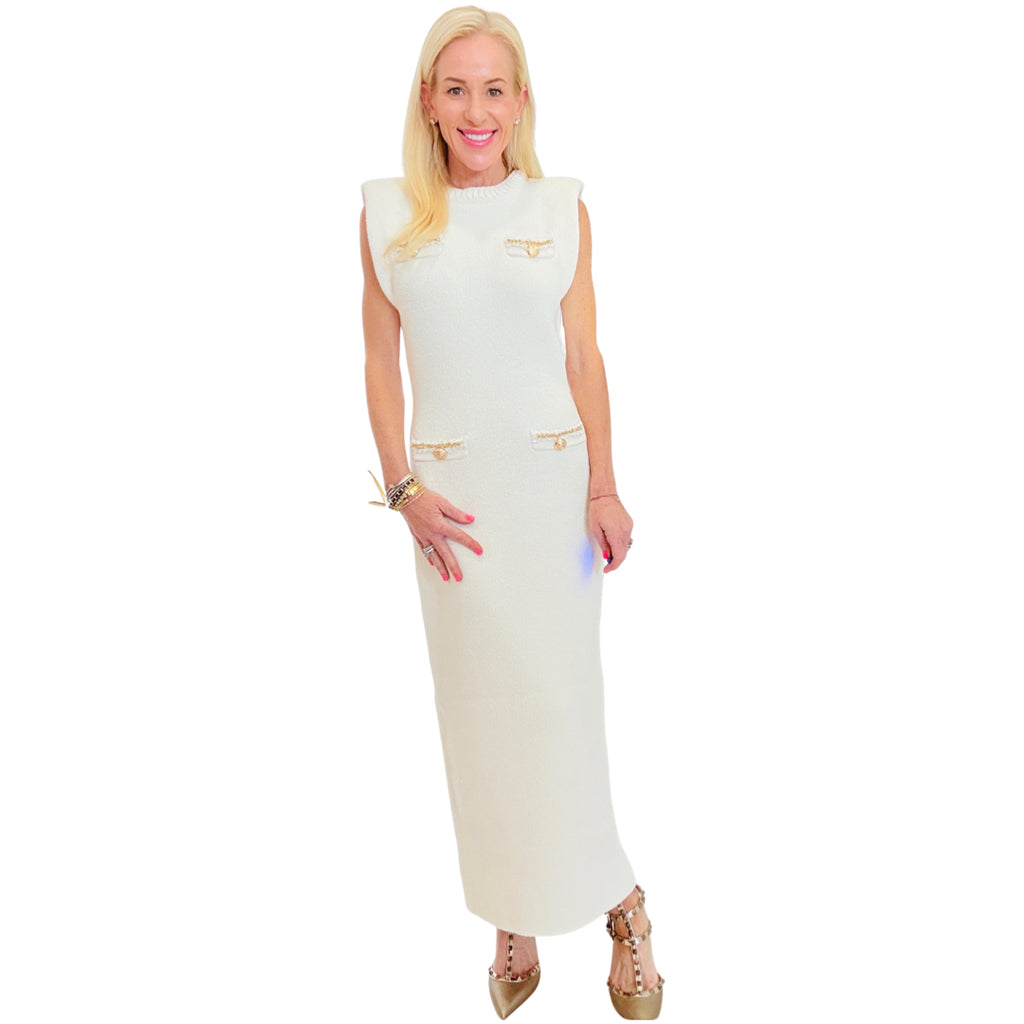 Ivory Gold Detail Knit Carrie Maxi Dress - James Ascher Ivory Gold Detail Knit Carrie Maxi Dress - James Ascher