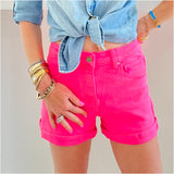 Neon Flamingo Pink High Rise Denim Soho Shorts w/ Optional Cuff