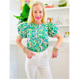 Metallic Puff Sleeve Green Abstract Melanie Top