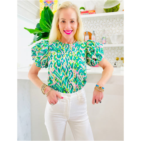 Metallic Puff Sleeve Green Abstract Melanie Top