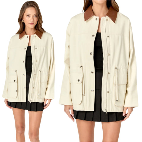 Ivory + Brown Leather Collar
Ansley Jacket with Adjustable Cinch Waist