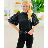 Black Floral Textured Puff Sleeve Hampton Top