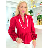 Crimson Red Scallop Trim Cotton Hunter Top