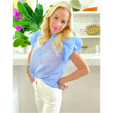 Blue Ruffle Neck Pinstripe Everly Top