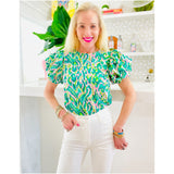 Metallic Puff Sleeve Green Abstract Melanie Top