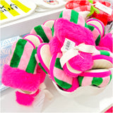 Pink & Green Cabana Stripe Fuzzy Slippers