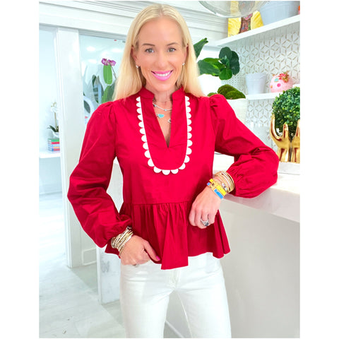 Crimson Red Scallop Trim Cotton Hunter Top