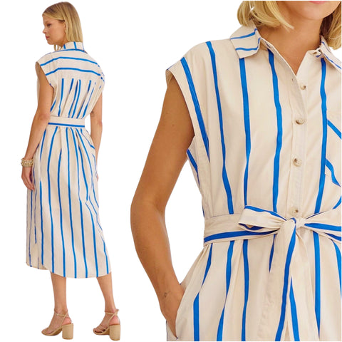 Vibrant Blue Stripe Cotton Yula Dress w/ Pockets