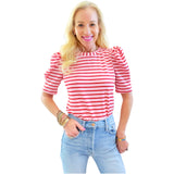 Pink & Red Pinched Puff Sleeve Dahlia Top