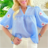 Embroidered Blue Stripe Ruffle Neck Rosemary Top