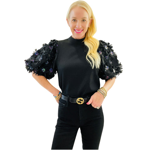 Black Floral Textured Puff Sleeve Hampton Top