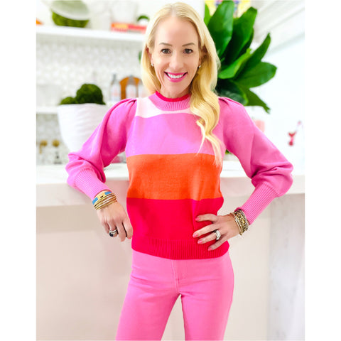 Pink & Orange Puff Sleeve Raina Fine Knit Sweater