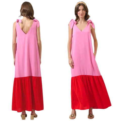Pink Red Bow Shoulder Meredith Dress w/ Pockets