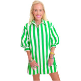 Green Cabana Stripe Pleated Back Cotton Moritz Dress