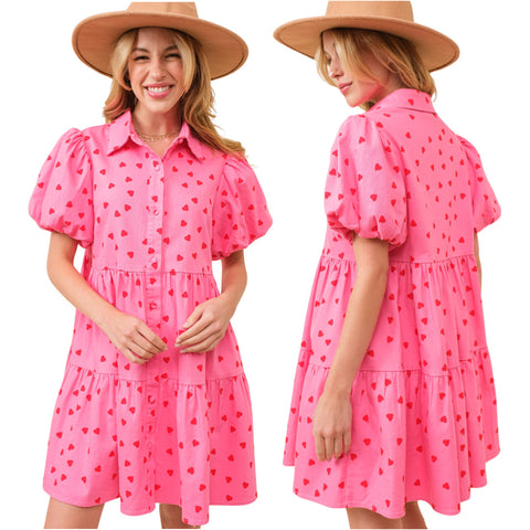 Pink & Red Puff Sleeve Hearts on Fire Dress