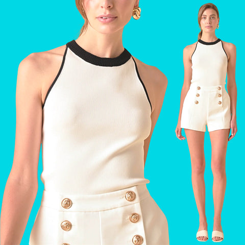 White w/ Black Contrast Knit Walker Top