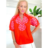 Orange & Pink Embroidered Ruffle Neck Pearl Top