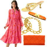 Pink & Orange Metallic Ruffle Trim Kristen Dress