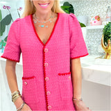 Pink & Red Scallop Embroidered Tweed Stella Dress