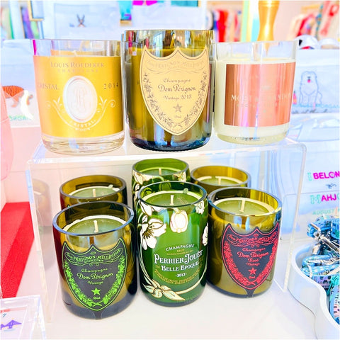 Recycled Dom, Cristal, Moet & Perrier Jouet Bottles into Hand Poured Candles