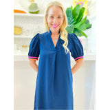 Navy Pink & Orange Notched Collar Berkeley Dress w/ Pockets