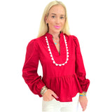 Crimson Red Scallop Trim Cotton Hunter Top